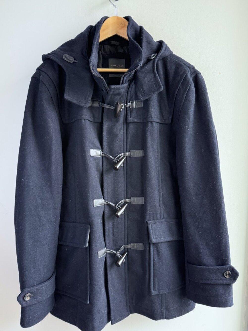 Zara Man Wool Blend Duffle Coat Black Toggle Hooded Winter Jacket XL